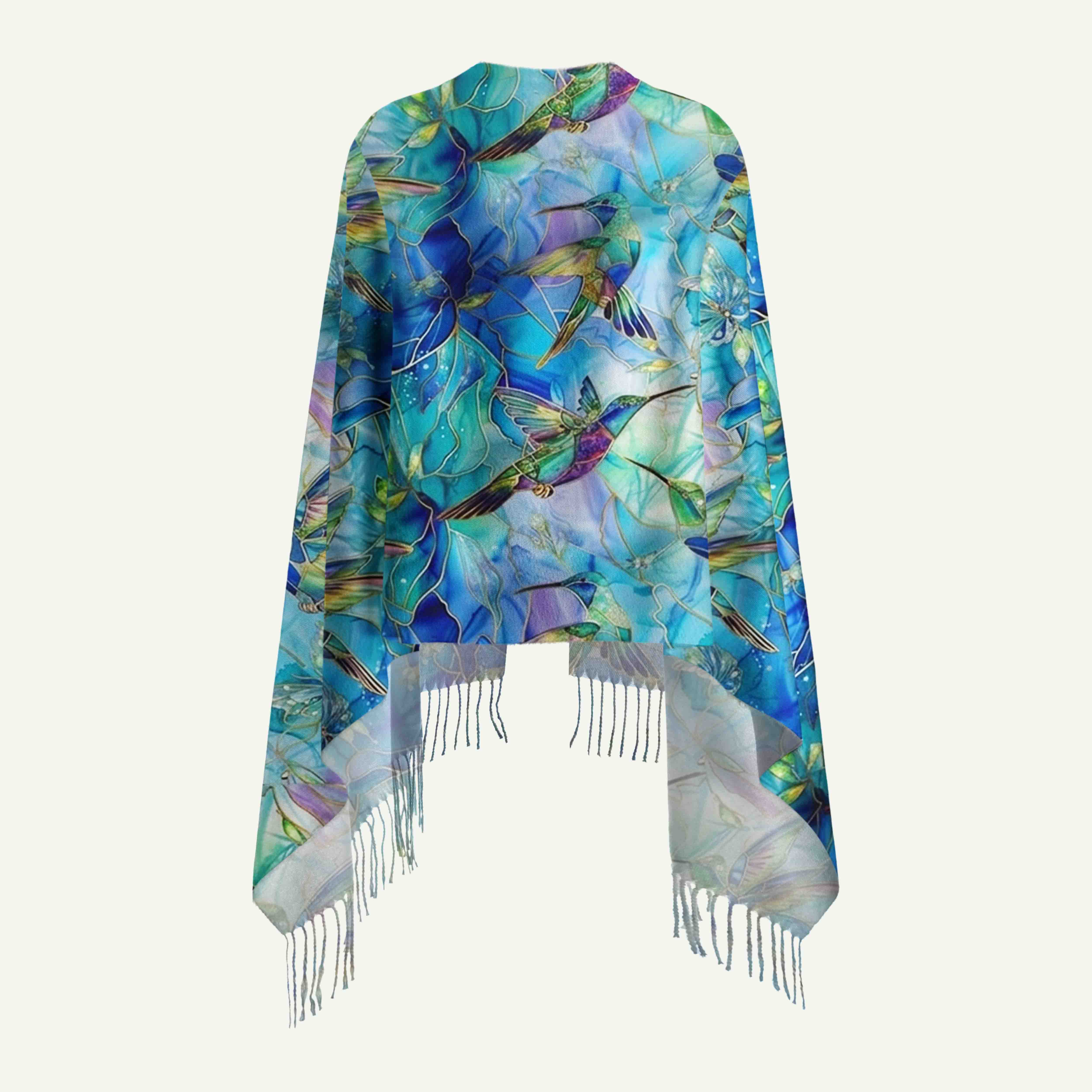 Hummingbird Garden Long Cashmere Scarf with Tassels