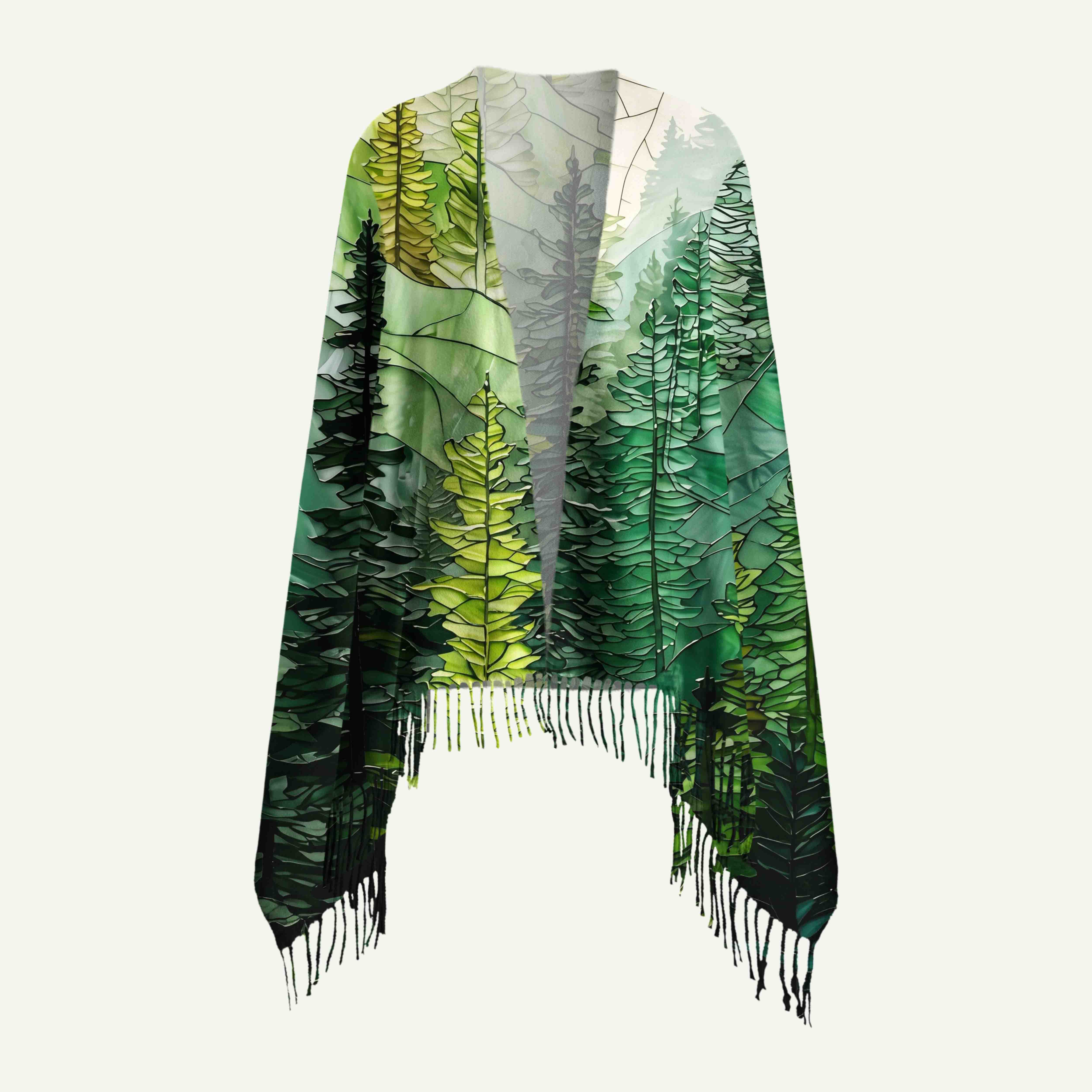 Pine Trees and Mountain Haze Long Cashmere Scarf with Tassels