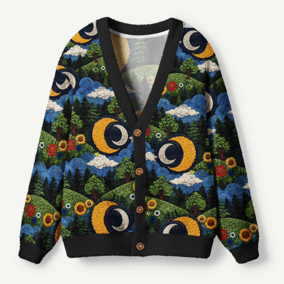 Golden Crescent Moon Over Sunflower Meadow Ugly Cardigan Sweaters