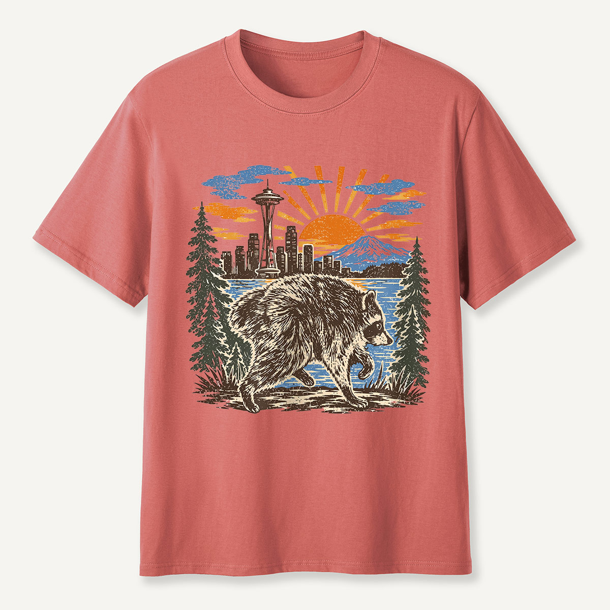 Jimothy Seattle Skyline Sunset Raccoon T-Shirt