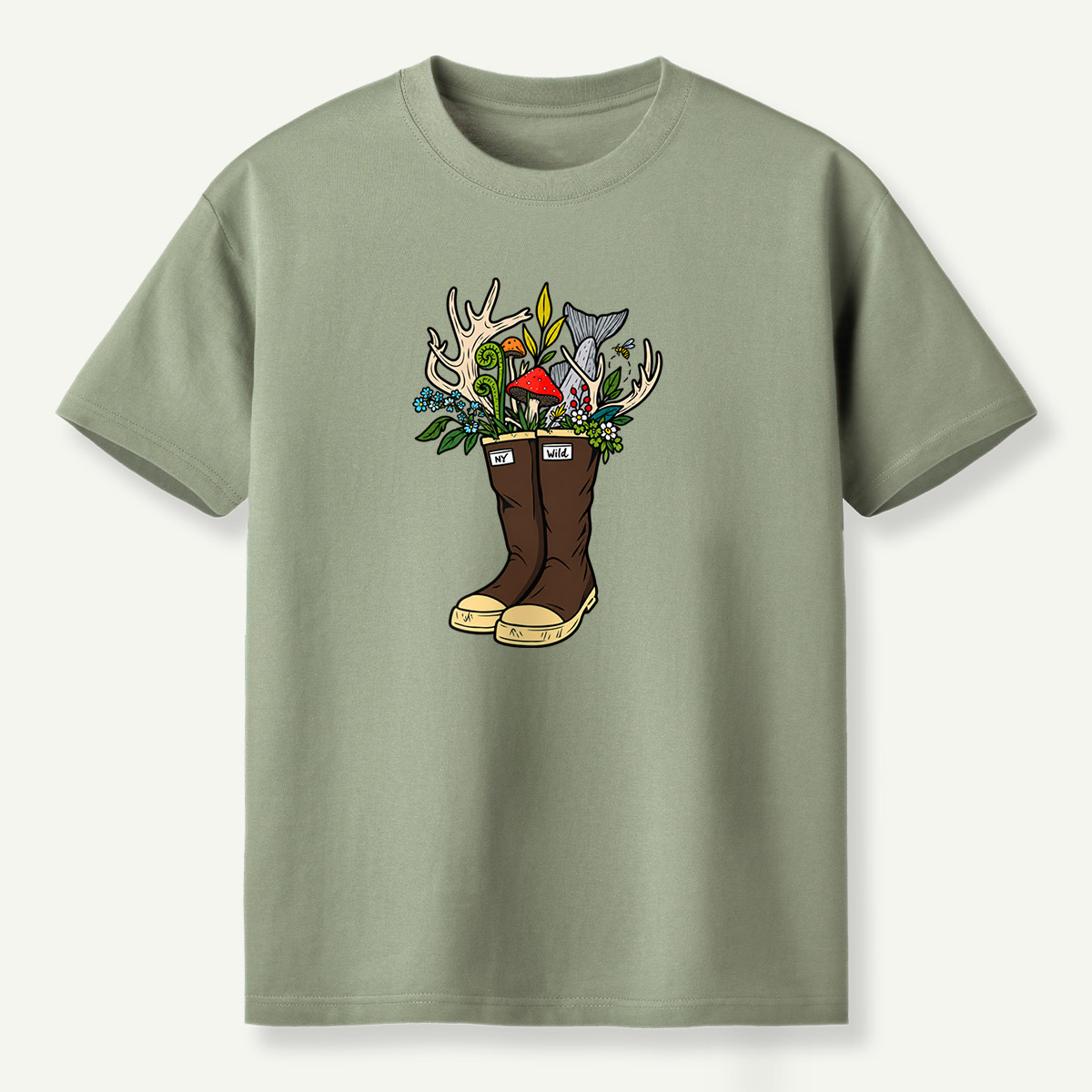 Wild Boots Antlers Mushroom Forest Botanical Arrangement T-Shirt
