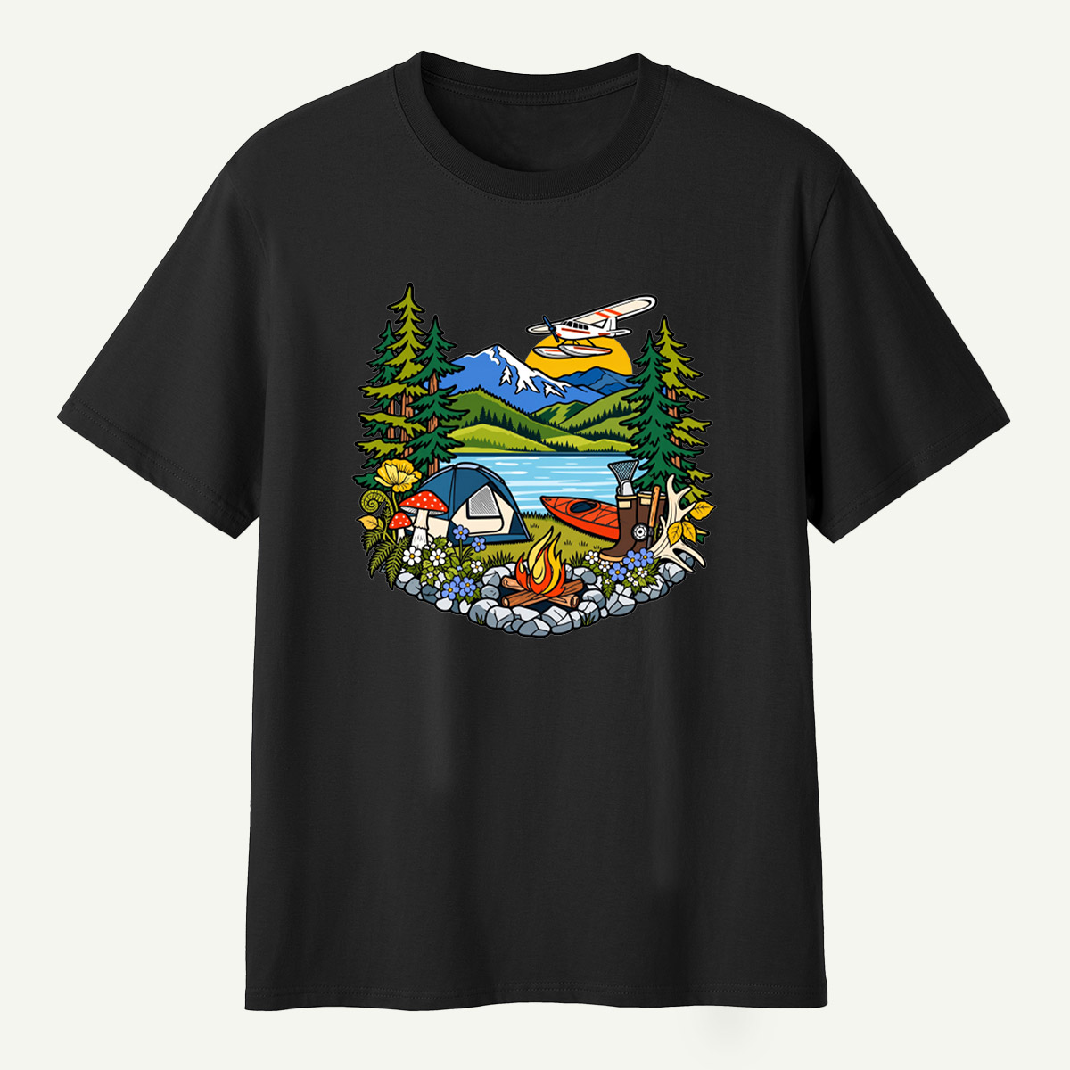 Lake Camping Kayak Seaplane Wilderness Scene T-Shirt