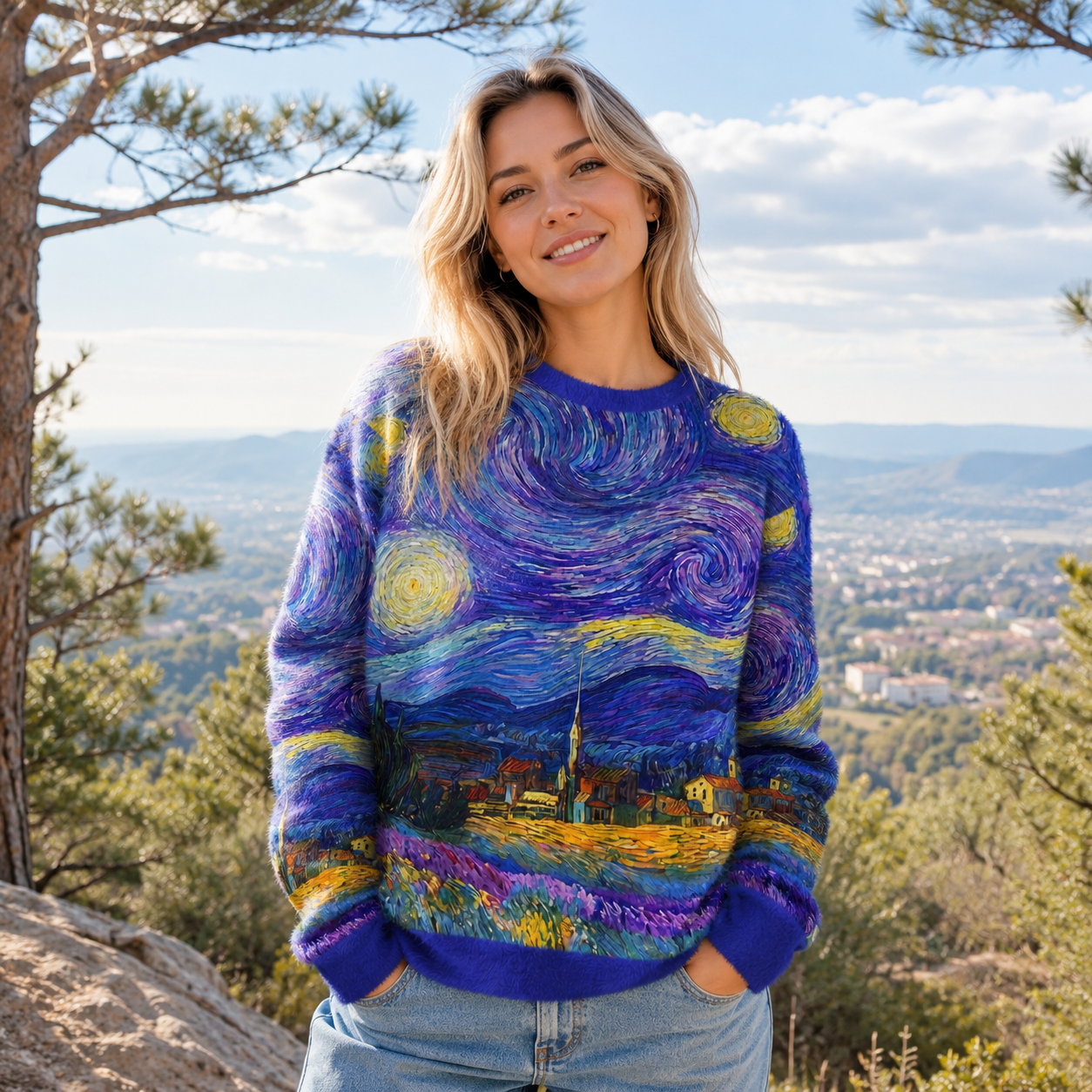 Swirling Night Sky Village Landscape Ugly Fuzzy Fleece Sweatshirt