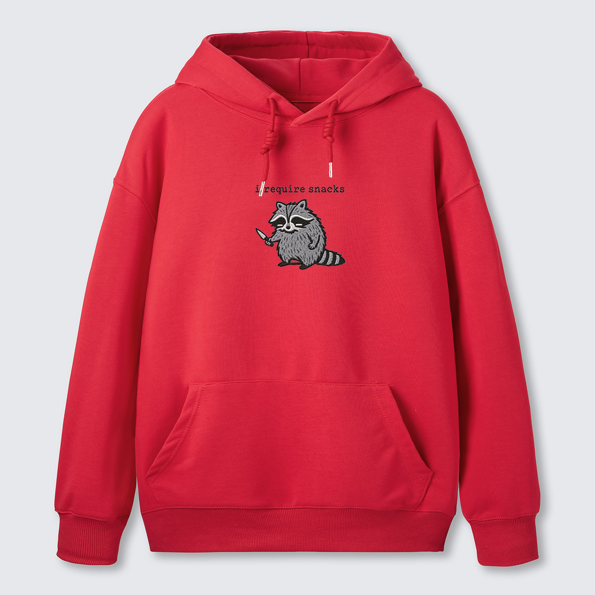 I Require Snacks Raccoon Embroidered Cotton Hoodie