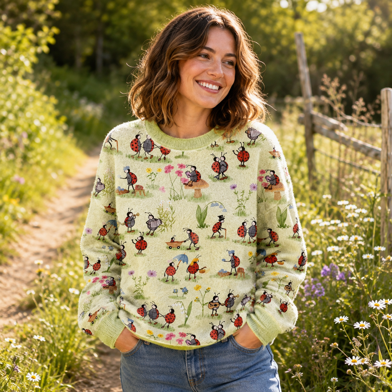 Ladybug and Flower Ugly Fuzzy Fleece Sweatshirt