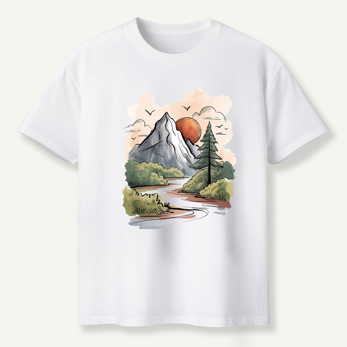 Mountain River Sunset Watercolor Landscape T-Shirt