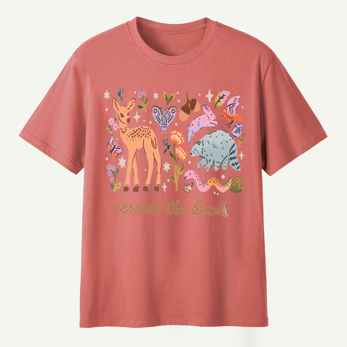 espect The Locals Woodland Wildlife Deer Rabbit Raccoon And Butterfly T-Shirt