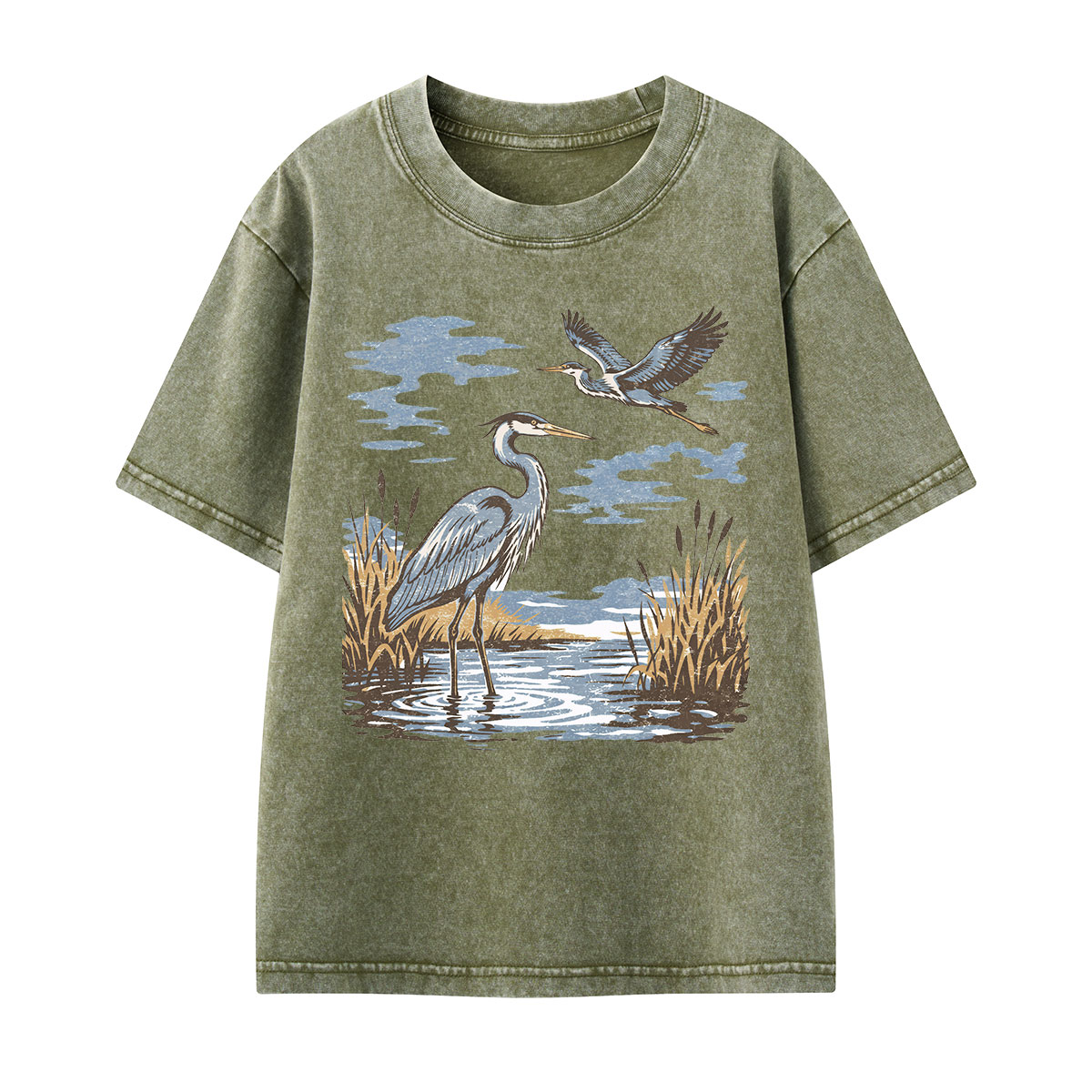 Vintage Heron Wetland Bird Nature Kids Washed T-Shirt