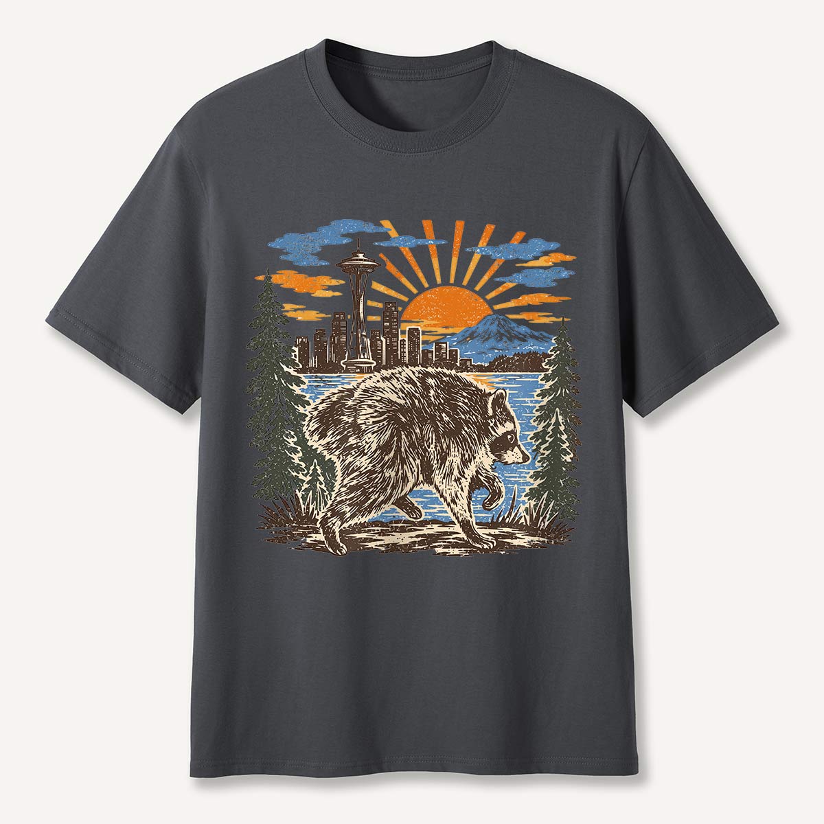 Jimothy Seattle Skyline Sunset Raccoon T-Shirt
