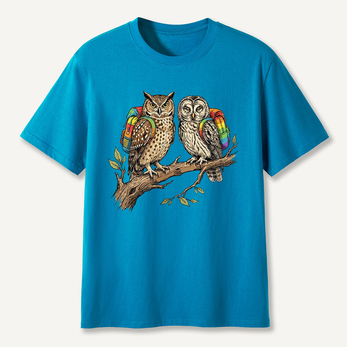 Couple Owls on Branch with Rainbow Backpacks T-Shirt