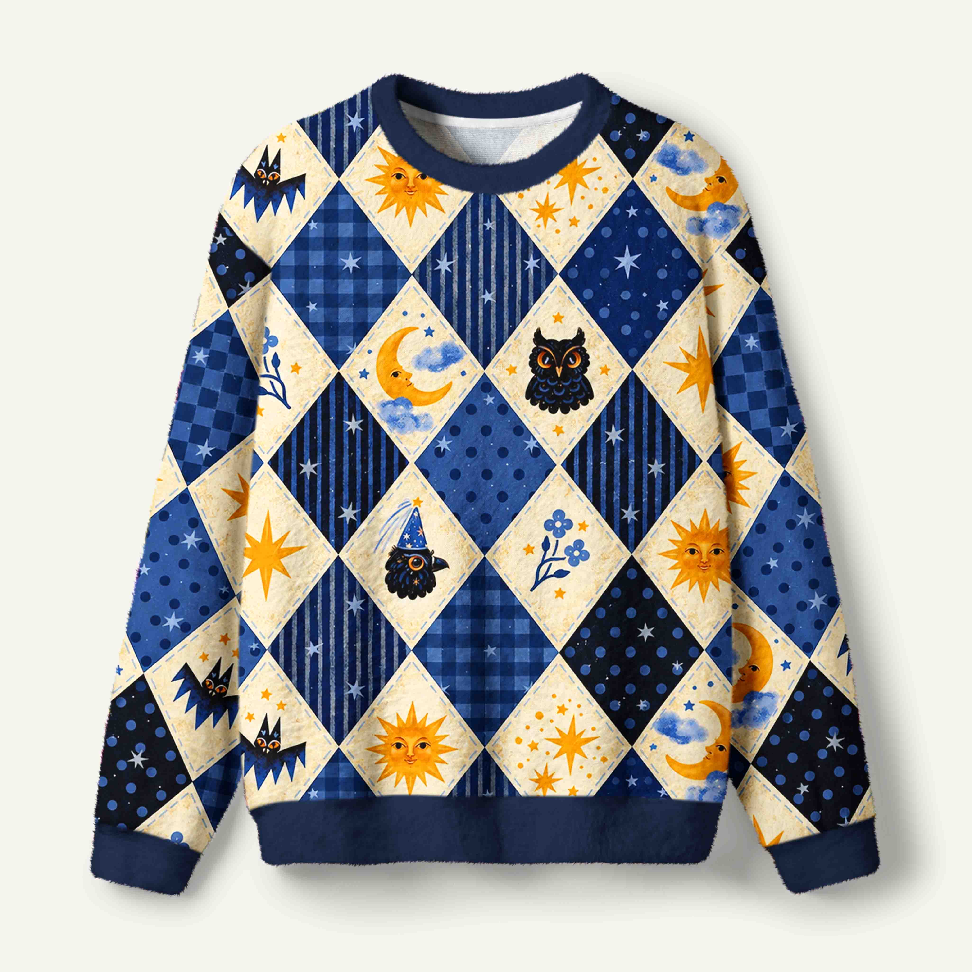 Midnight Blue Celestial Owl And Bat Argyle Pattern Ugly Fuzzy Fleece Sweatshirt