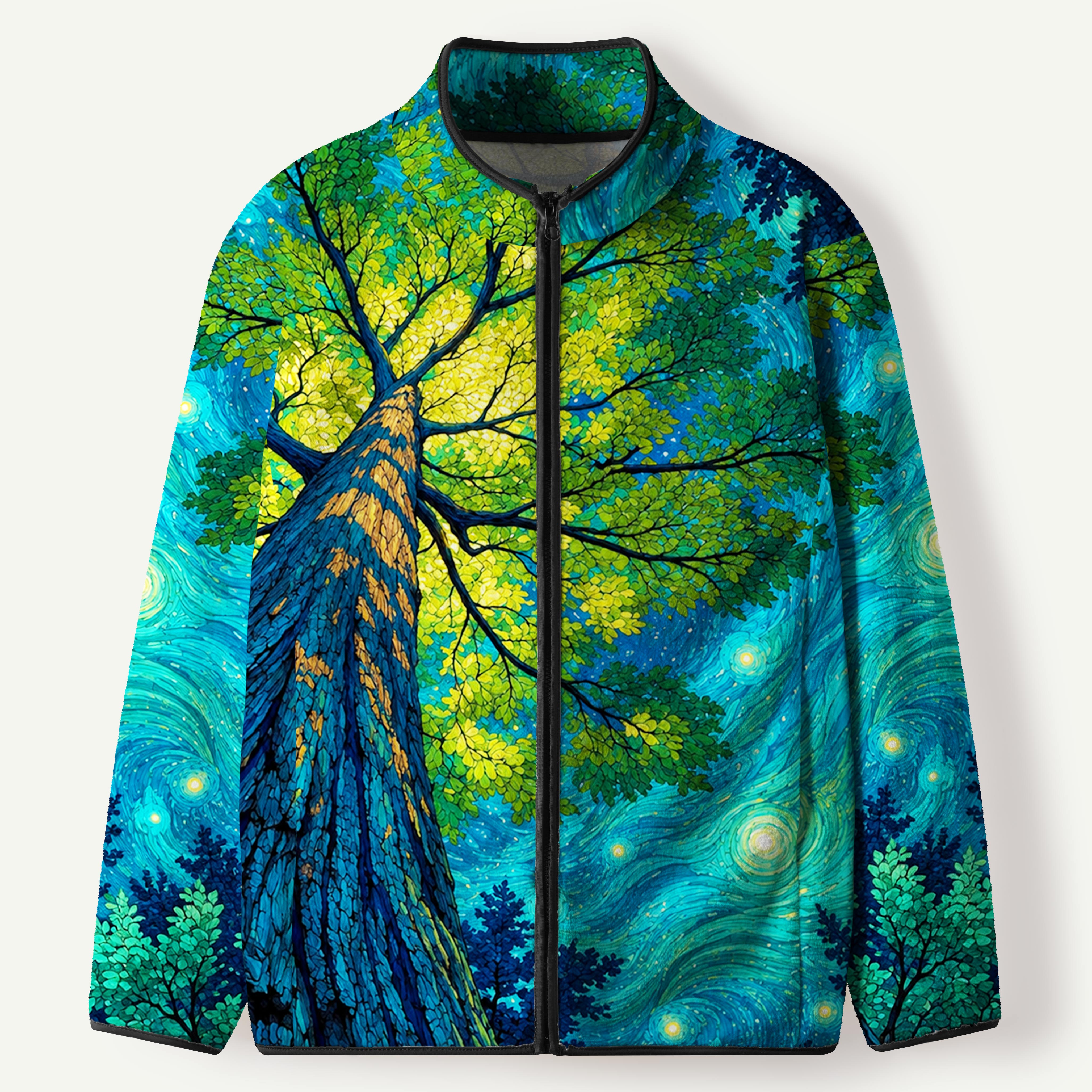 Starry Giant Tree Swirling Night Men's Flannel Zip Front Cardigan
