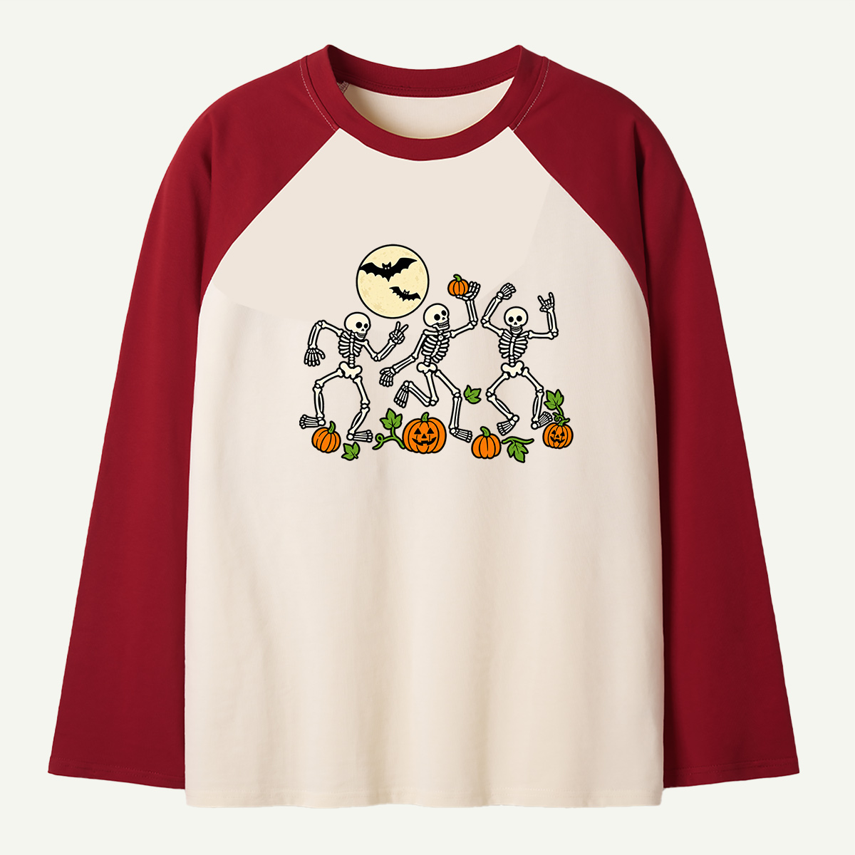 Dancing Skeletons Under The Full Moon Halloween Pumpkin Party Raglan Long Sleeves