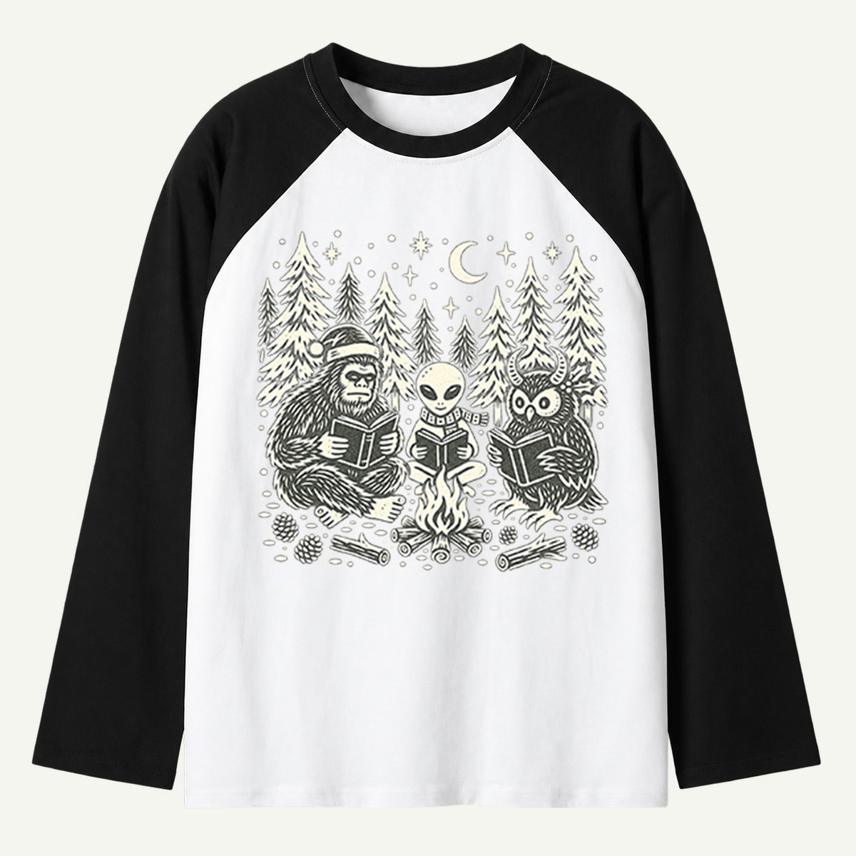 Bigfoot Alien And Owl Christmas Campfire Reading Club Raglan Long Sleeves