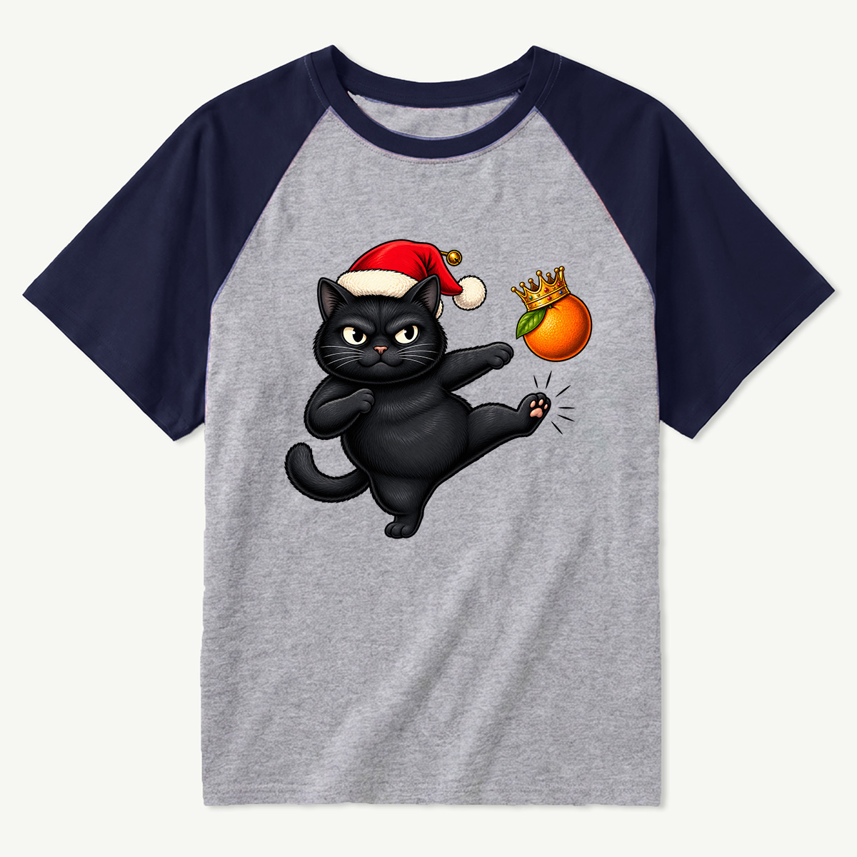 Santa Black Cat Kicking A Crowned Orange Raglan T-Shirt