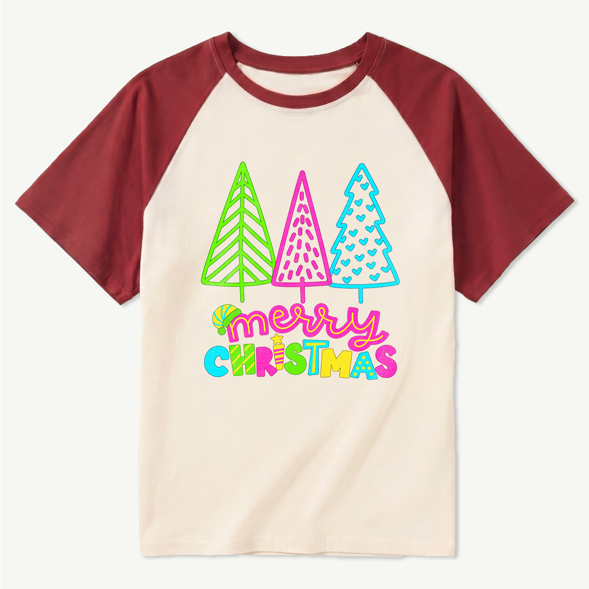 Merry Christmas Three Colorful Neon Trees Raglan T-Shirt