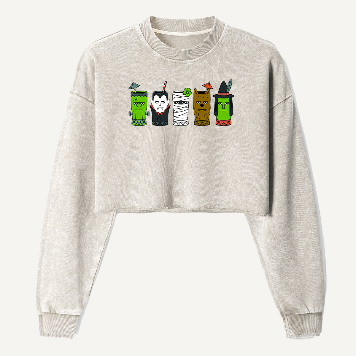 Trick Or Treat Classic Monsters Women's Washed Cropped Sweatshirt
