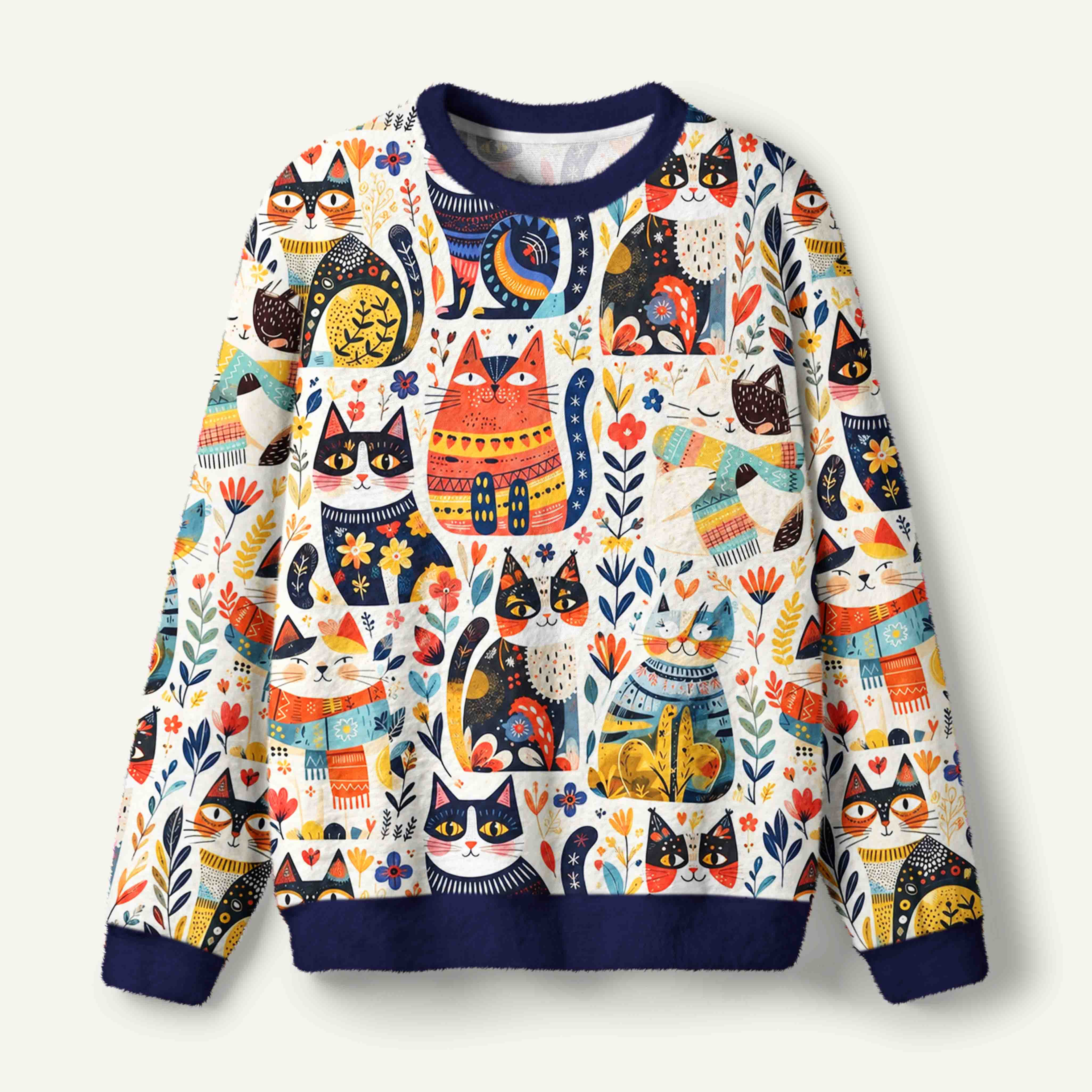 Colorful Folk Art Cats In Botanical Patchwork Ugly Fuzzy Fleece Sweatshirt