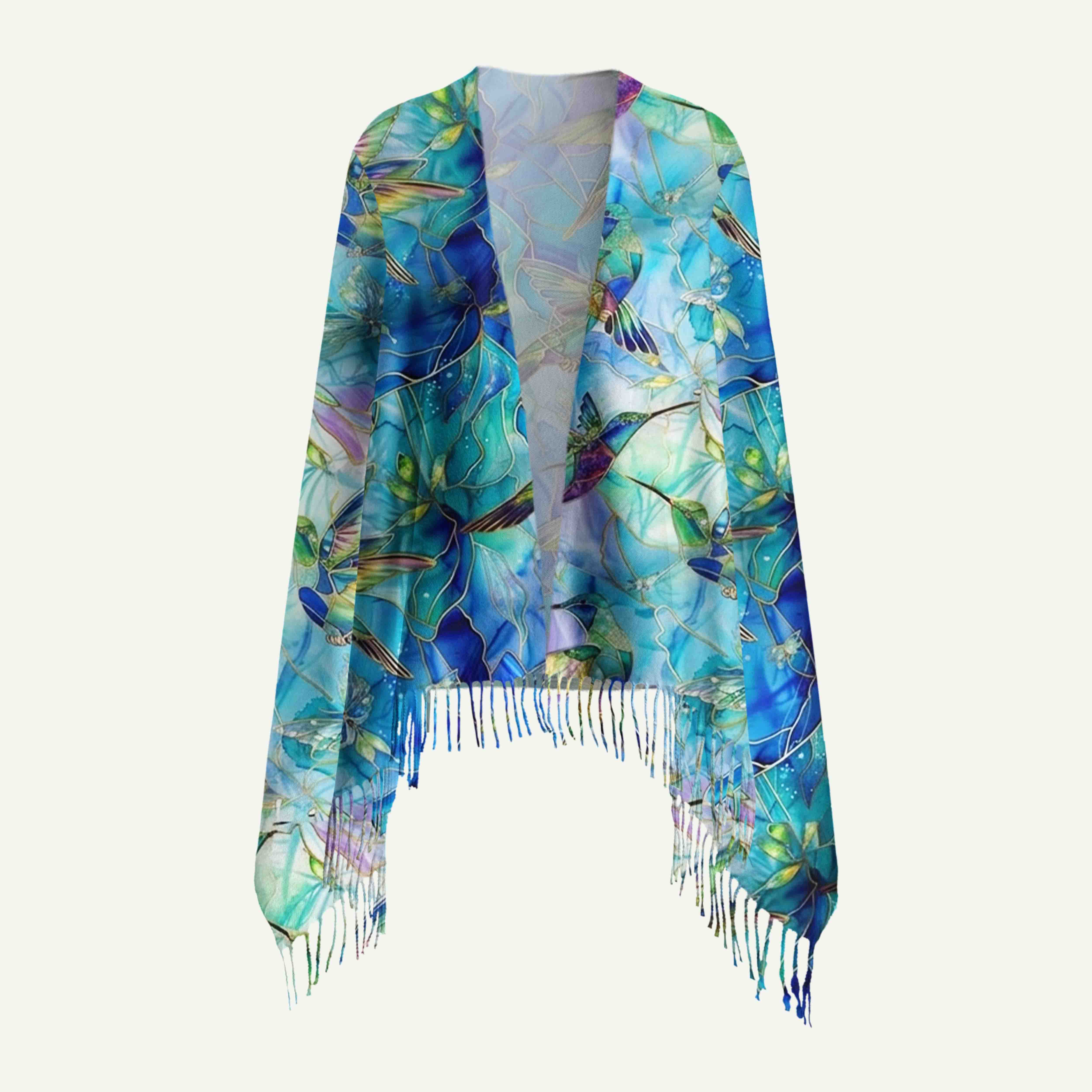 Hummingbird Garden Long Cashmere Scarf with Tassels