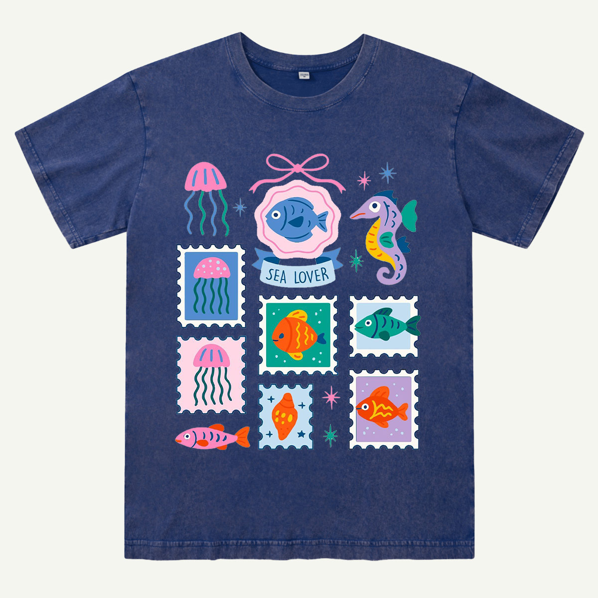 Sea Lover Stamp Ocean Animal Identification Guide Washed T-Shirt