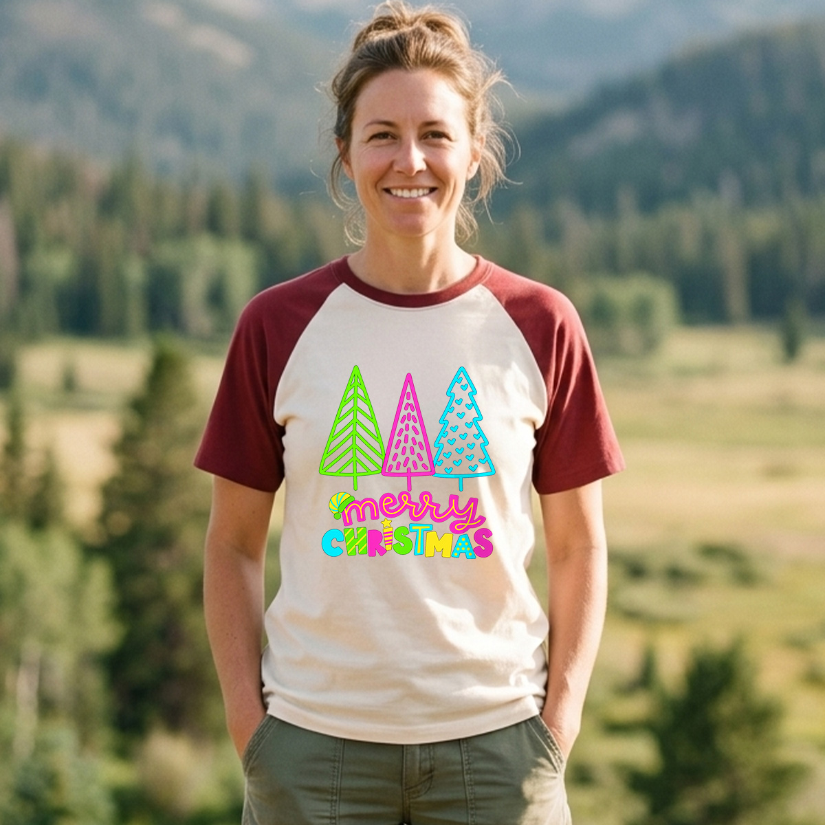 Merry Christmas Three Colorful Neon Trees Raglan T-Shirt