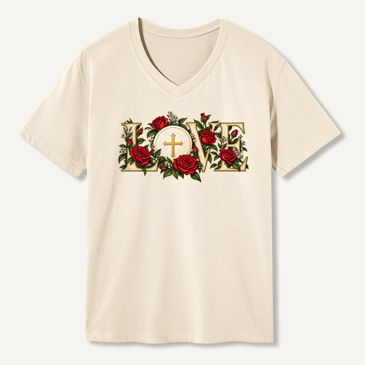Love Rose Cross Faith Floral Graphic V-neck T-Shirt