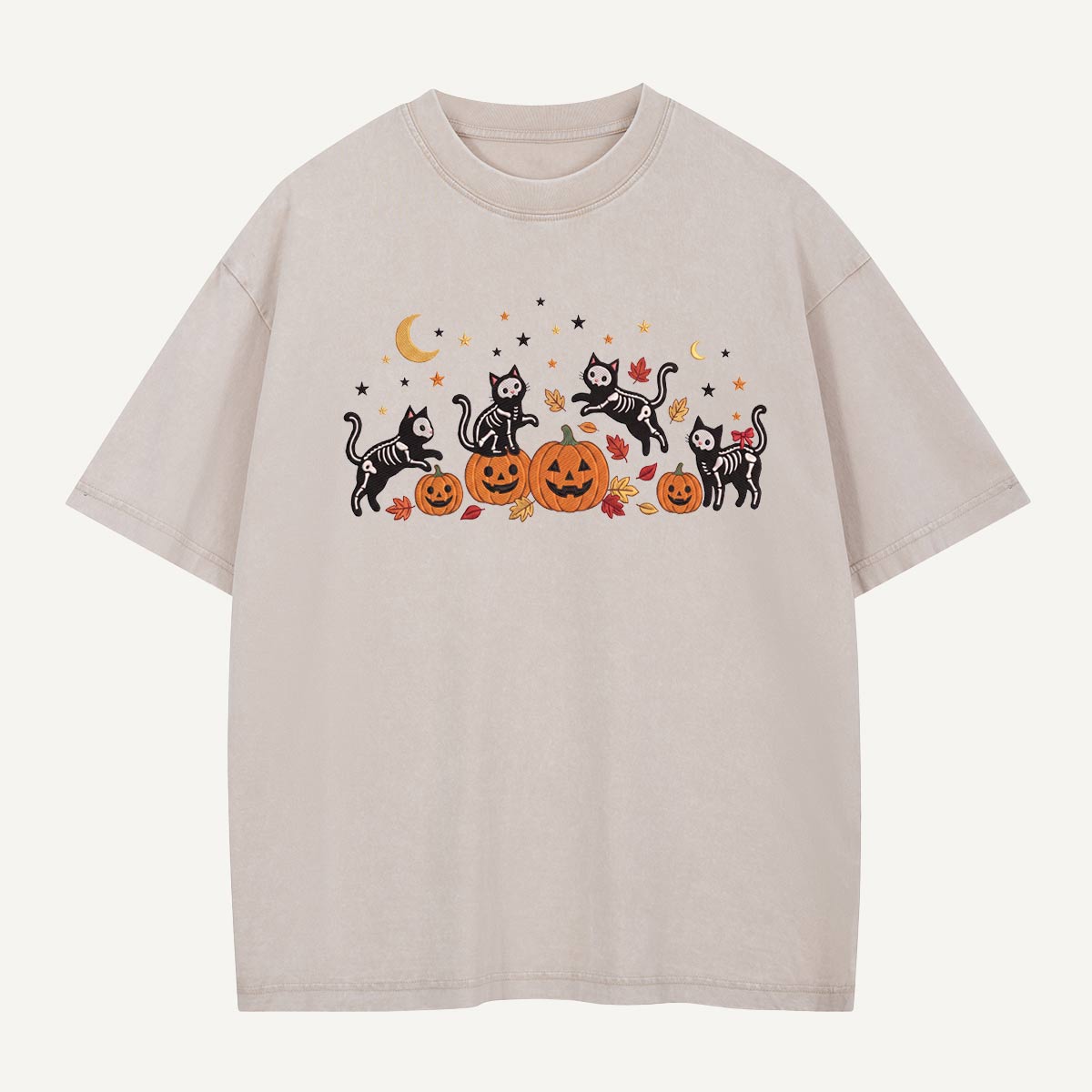 Skeleton Cats Pumpkin Party Washed T-Shirt
