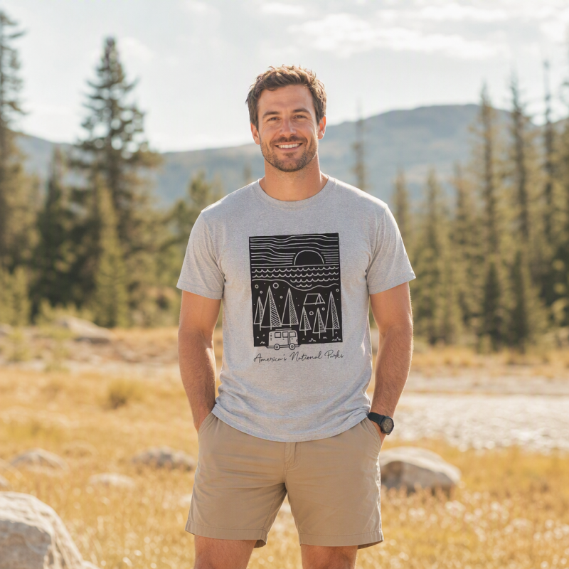 America’s National Parks Line Art Camper T-Shirt