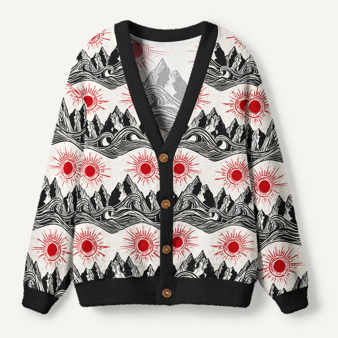 Red Sun Over Black Mountains And Ocean Waves Ugly Cardigan Sweaters