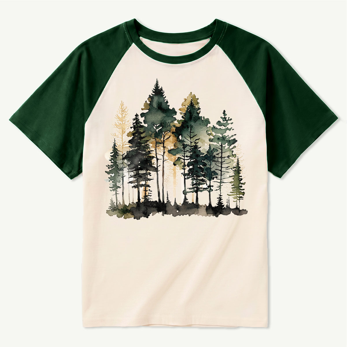 Watercolor Pine Forest Landscape Raglan T-Shirt