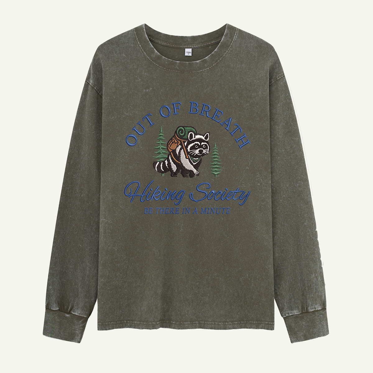 Out of Breath Raccoon Hiking Society Embroidered Washed Long Sleeves