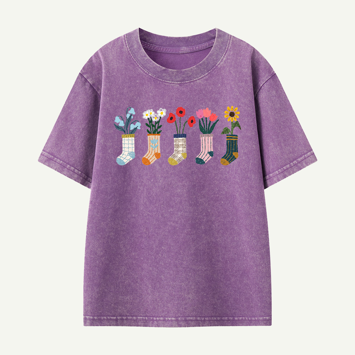 Sock Flower Garden Mint Kids Washed T-Shirt