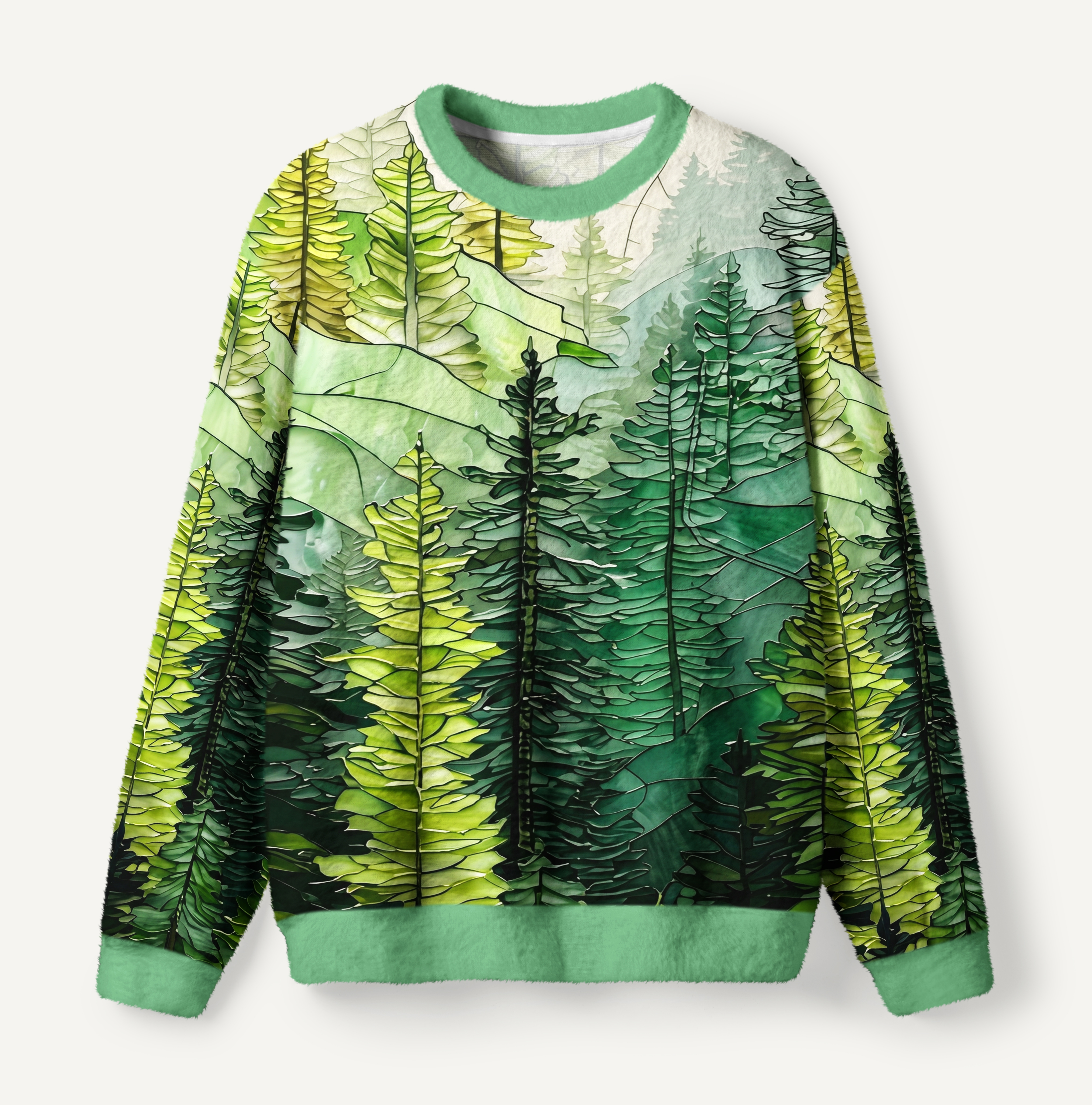 Pine Trees and Mountain Haze Eco All-Over Print Ugly Fuzzy Fleece Sweatshirt