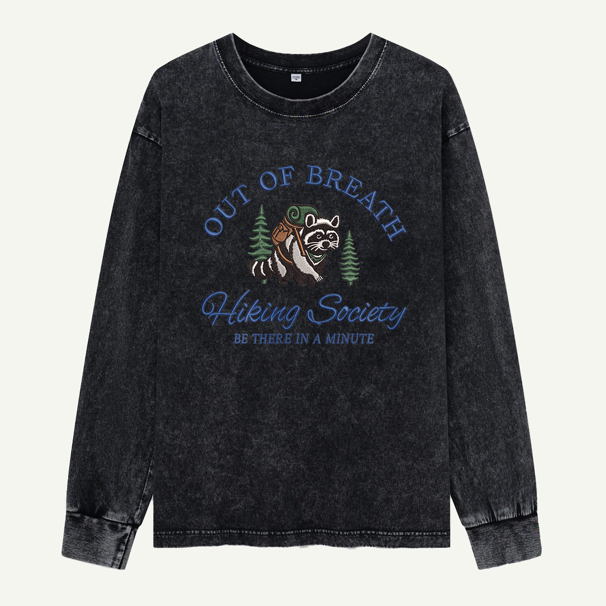 Out of Breath Raccoon Hiking Society Embroidered Washed Long Sleeves