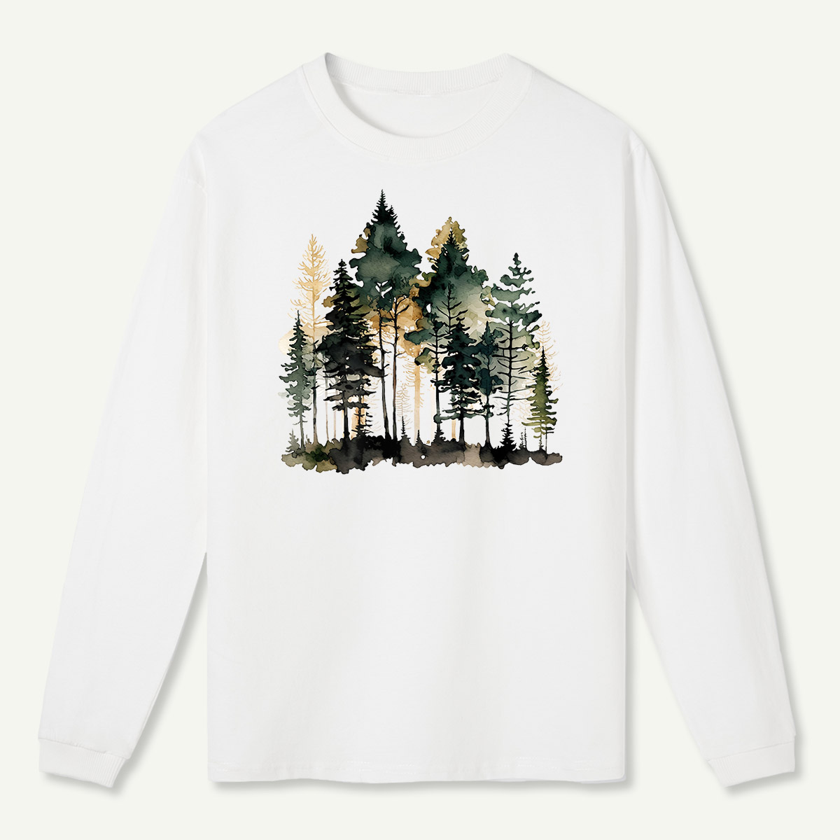 Watercolor Pine Forest Landscape Long Sleeve T-Shirt