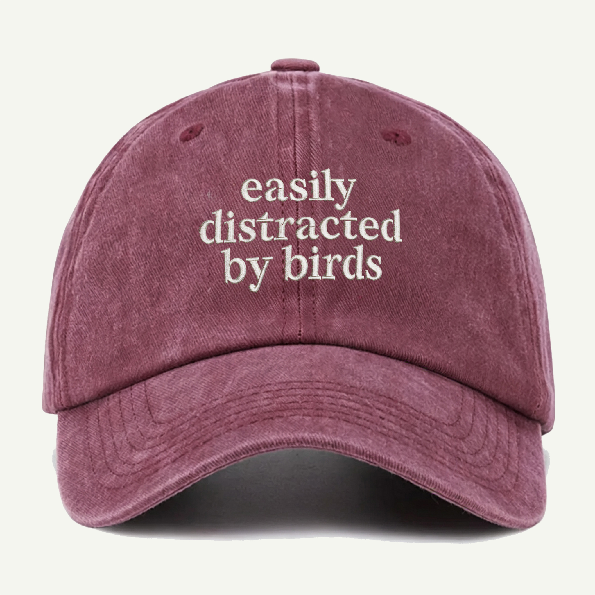 Easily Distracted By Birds Script Washed Embroidered Hat