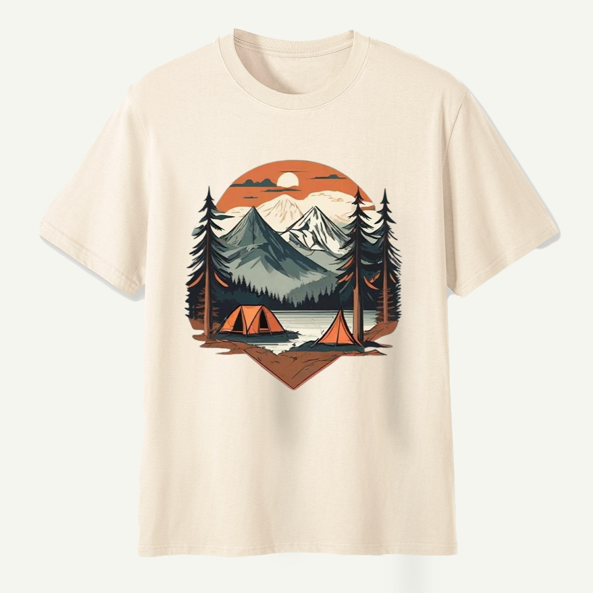Sunset Mountain Lake Pine Forest Camping T-Shirt