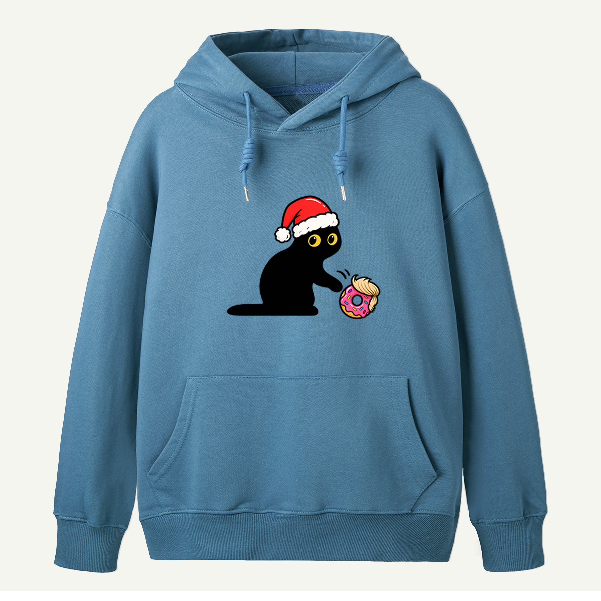 Mischievous Black Cat In Santa Hat Playing With Pink Donut Hoodie