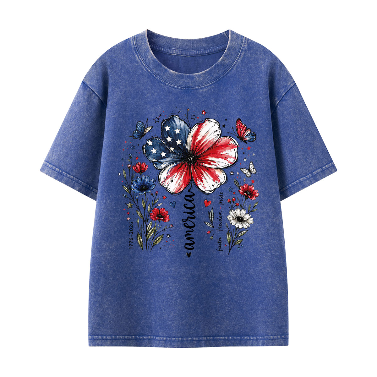 USA 250th Anniversary Floral Kids Washed T-Shirt