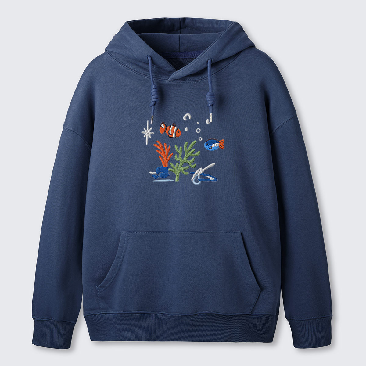 Underwater Reef Fish Embroidered Cotton Hoodie