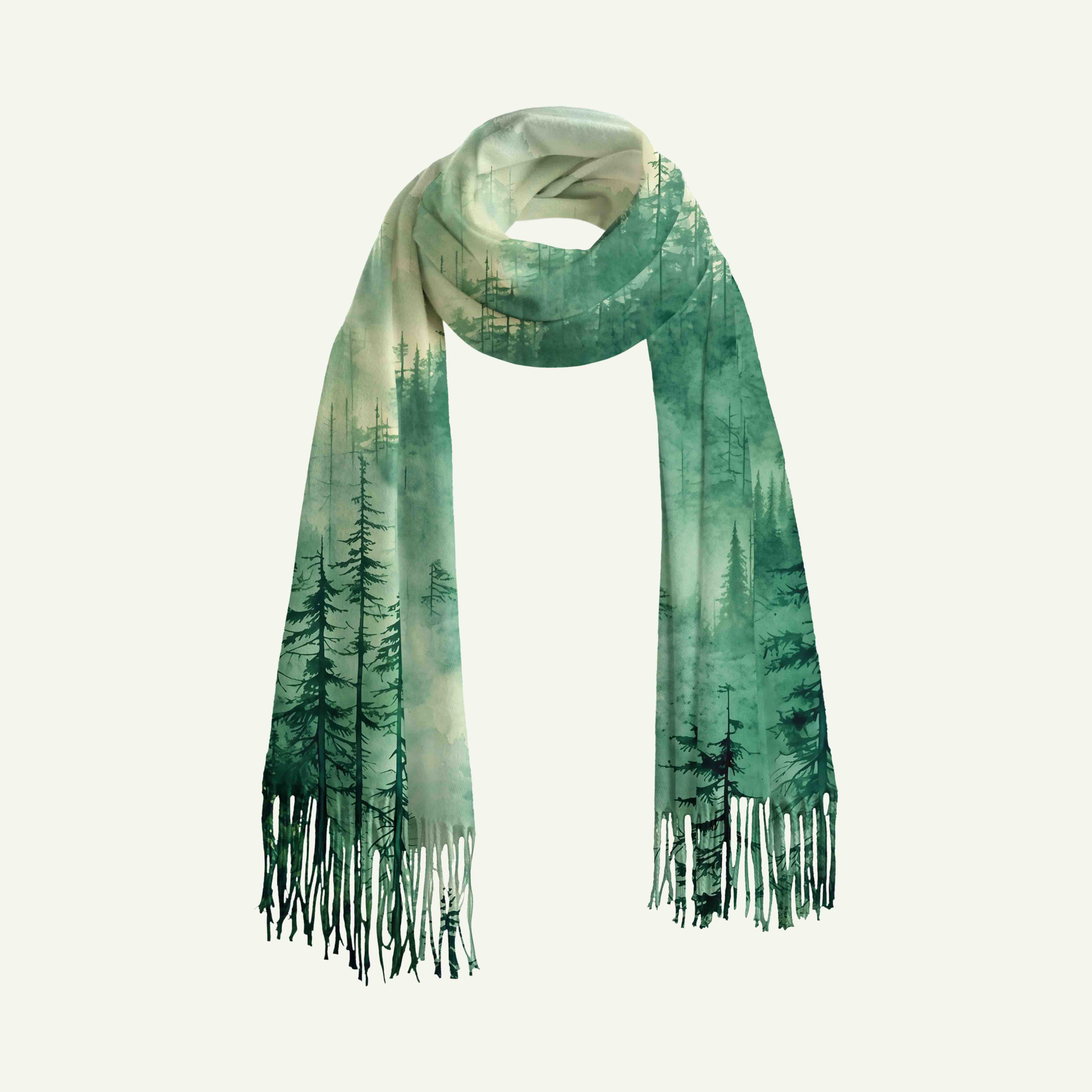 Misty Pine Forest Long Cashmere Scarf with Tassels