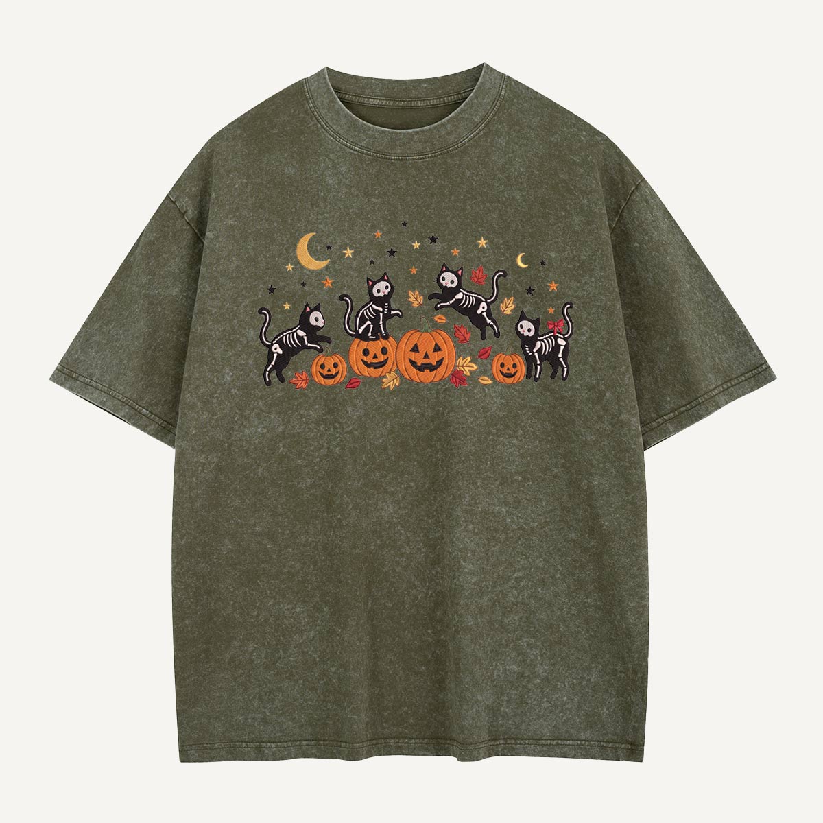 Skeleton Cats Pumpkin Party Washed T-Shirt