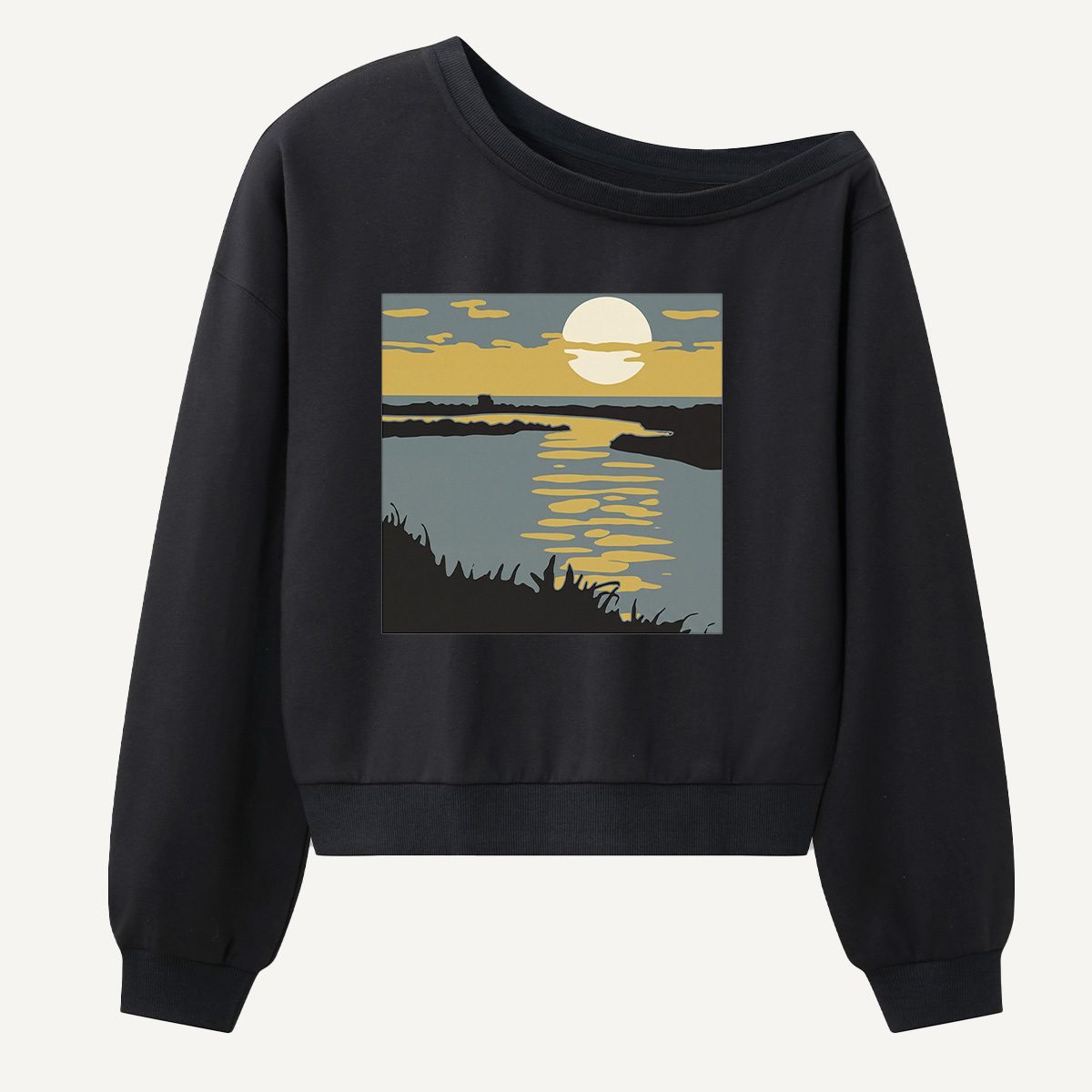 Moonlit Forest Reflection Landscape Women Off Shoulder Sweatshirt