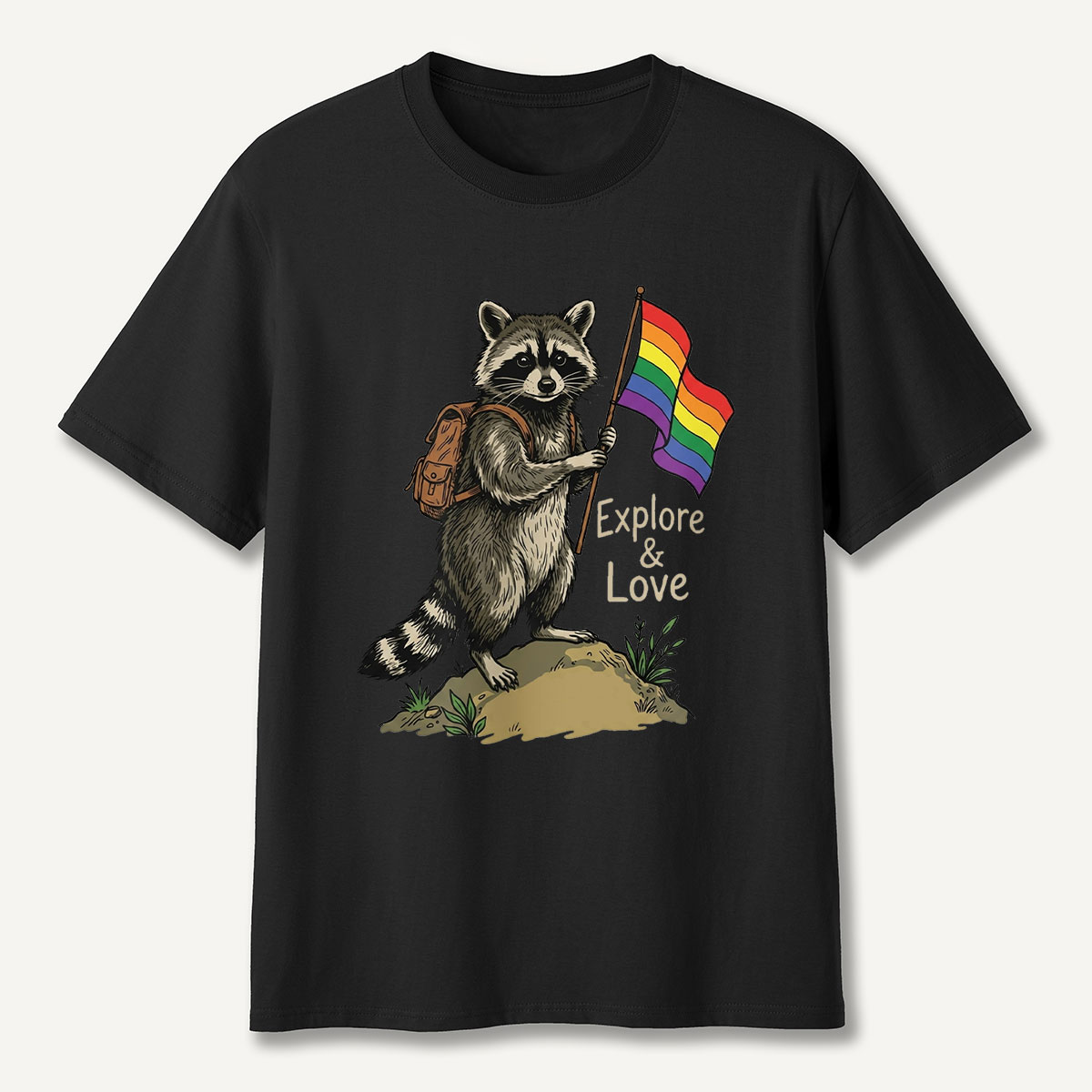 Raccoon Holding Rainbow Flag Explore and Love T-Shirt