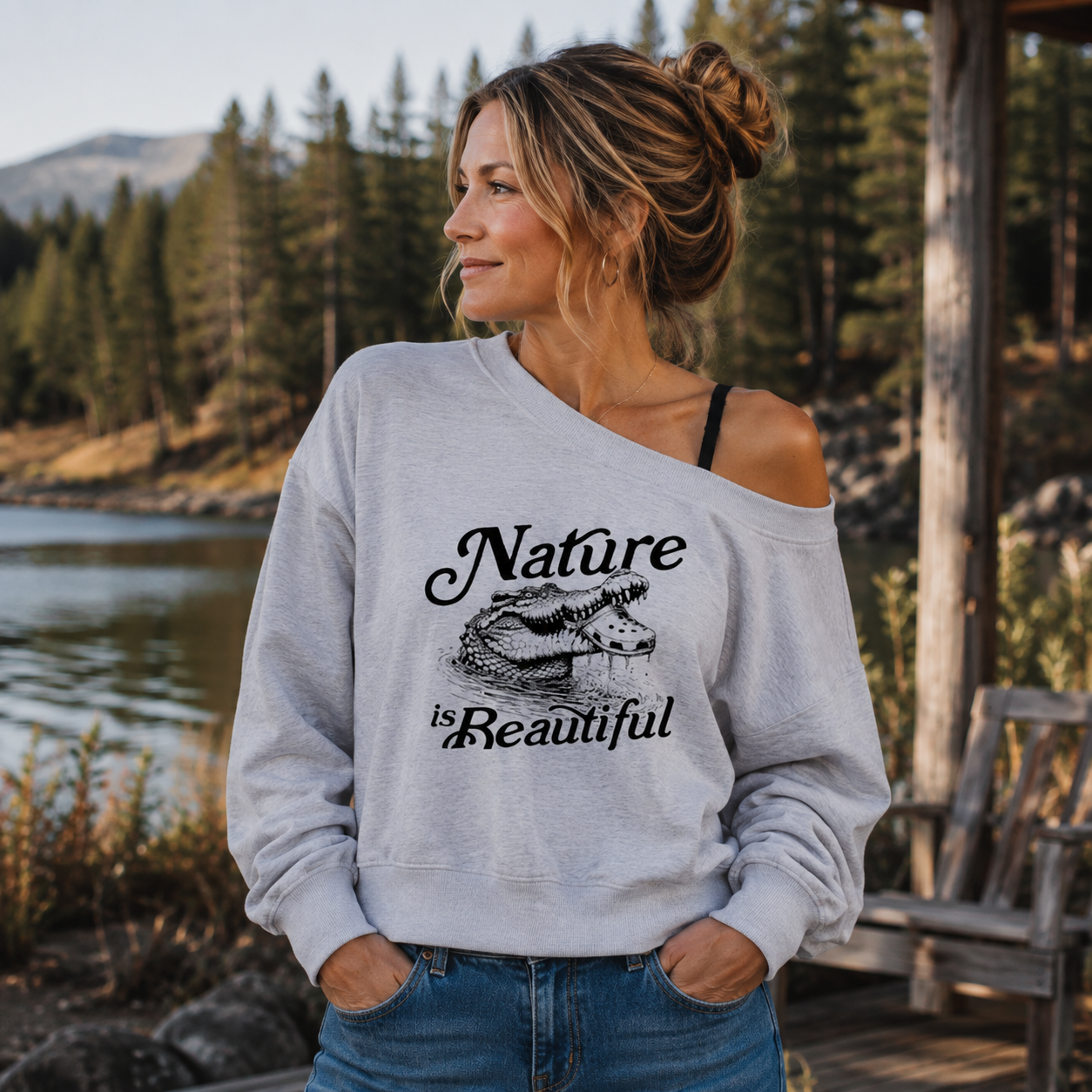 Nature Is Beautiful Smiling Crocodile Women Off Shoulder Sweatshirt