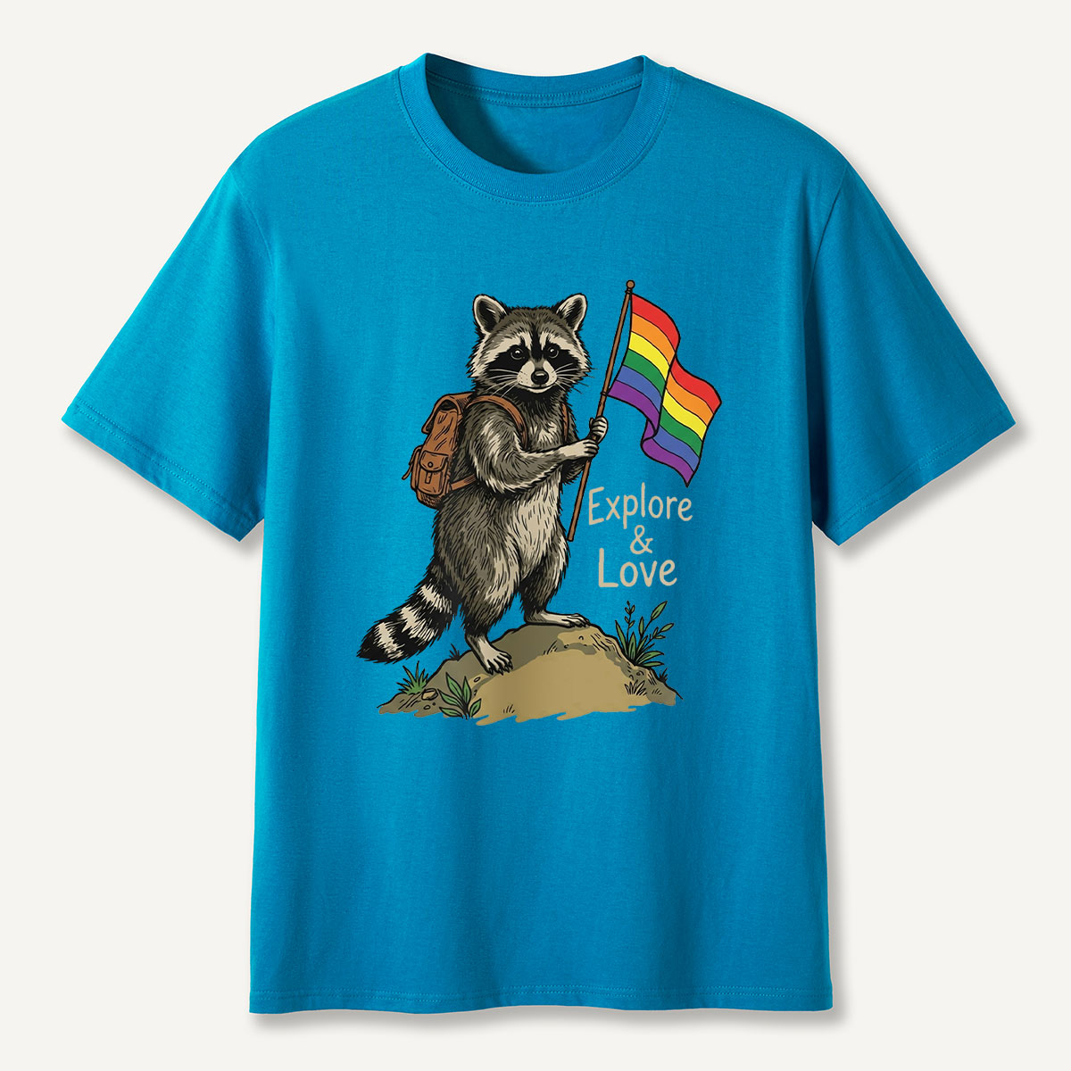 Raccoon Holding Rainbow Flag Explore and Love T-Shirt