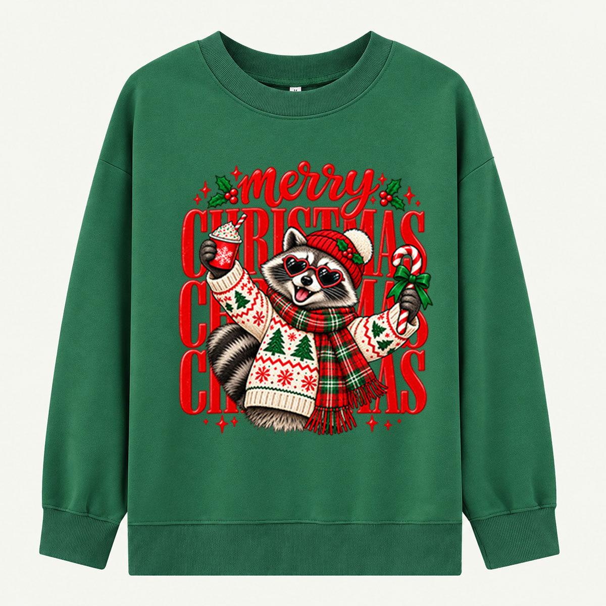 Merry Christmas Raccoon In Heart Sunglasses And Cozy Sweater Sweatshirts