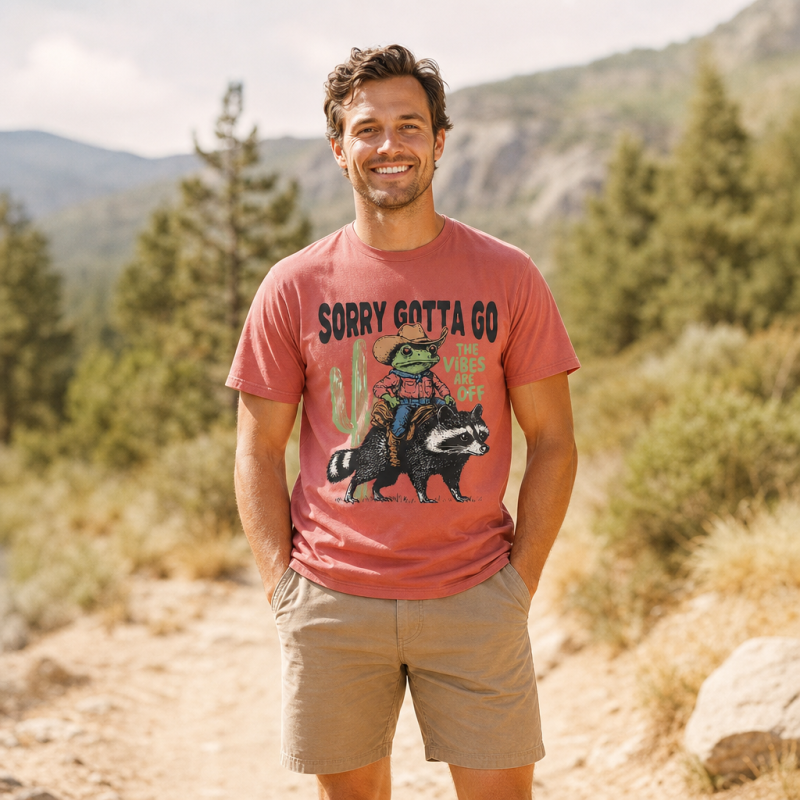 Sorry Gotta Go Cowboy Frog Riding Raccoon T-Shirt