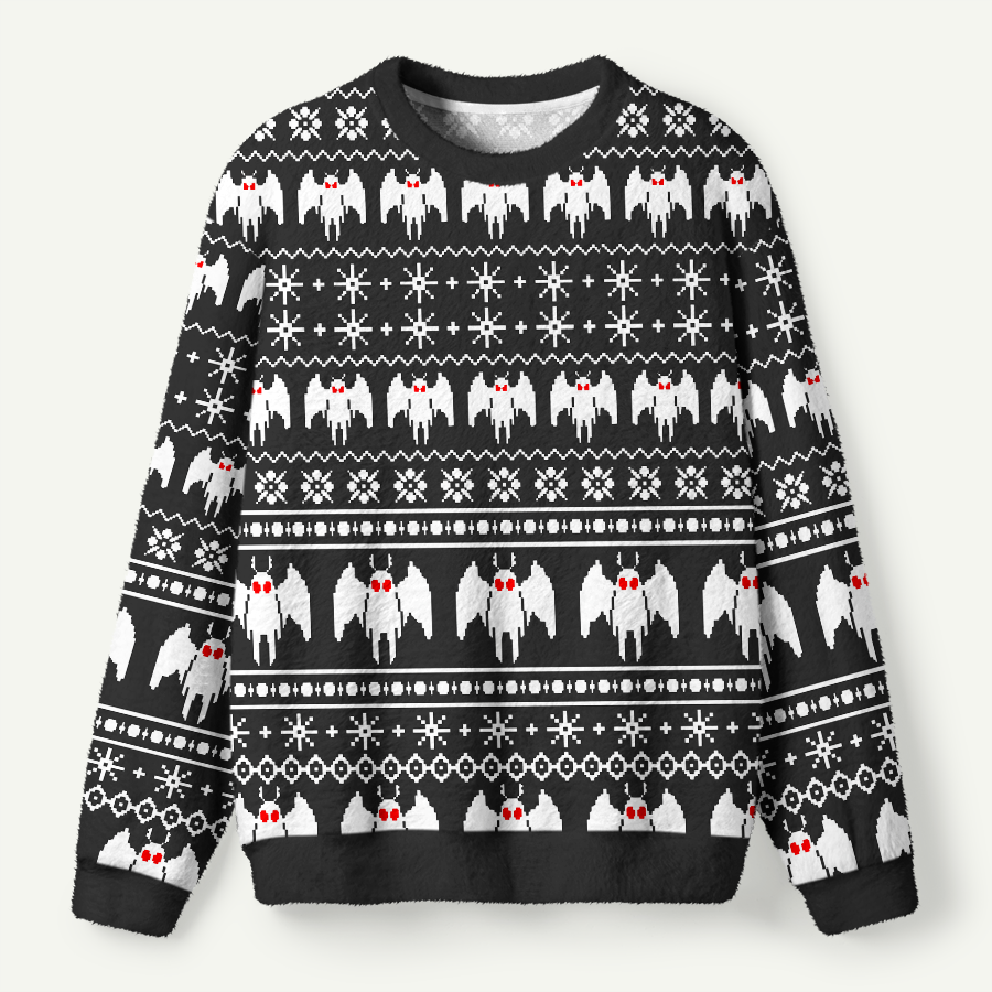 Mothman Christmas Bats And Winter Forest Knit Design Ugly Fuzzy Fleece Sweatshirt