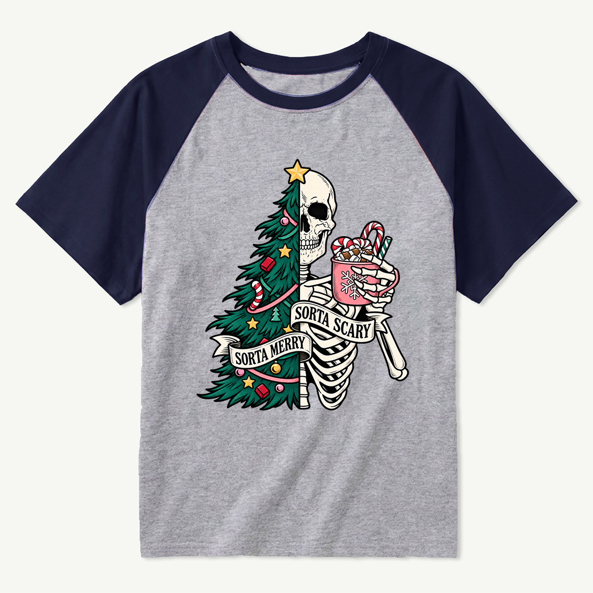 Sorta Merry Sorta Scary Half Skull Christmas Tree Raglan T-Shirt